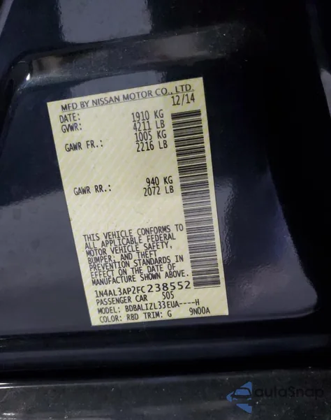 2015 Nissan Altima 2.5 z USA, uszkodzony, nr VIN 1N4AL3AP2FC238552